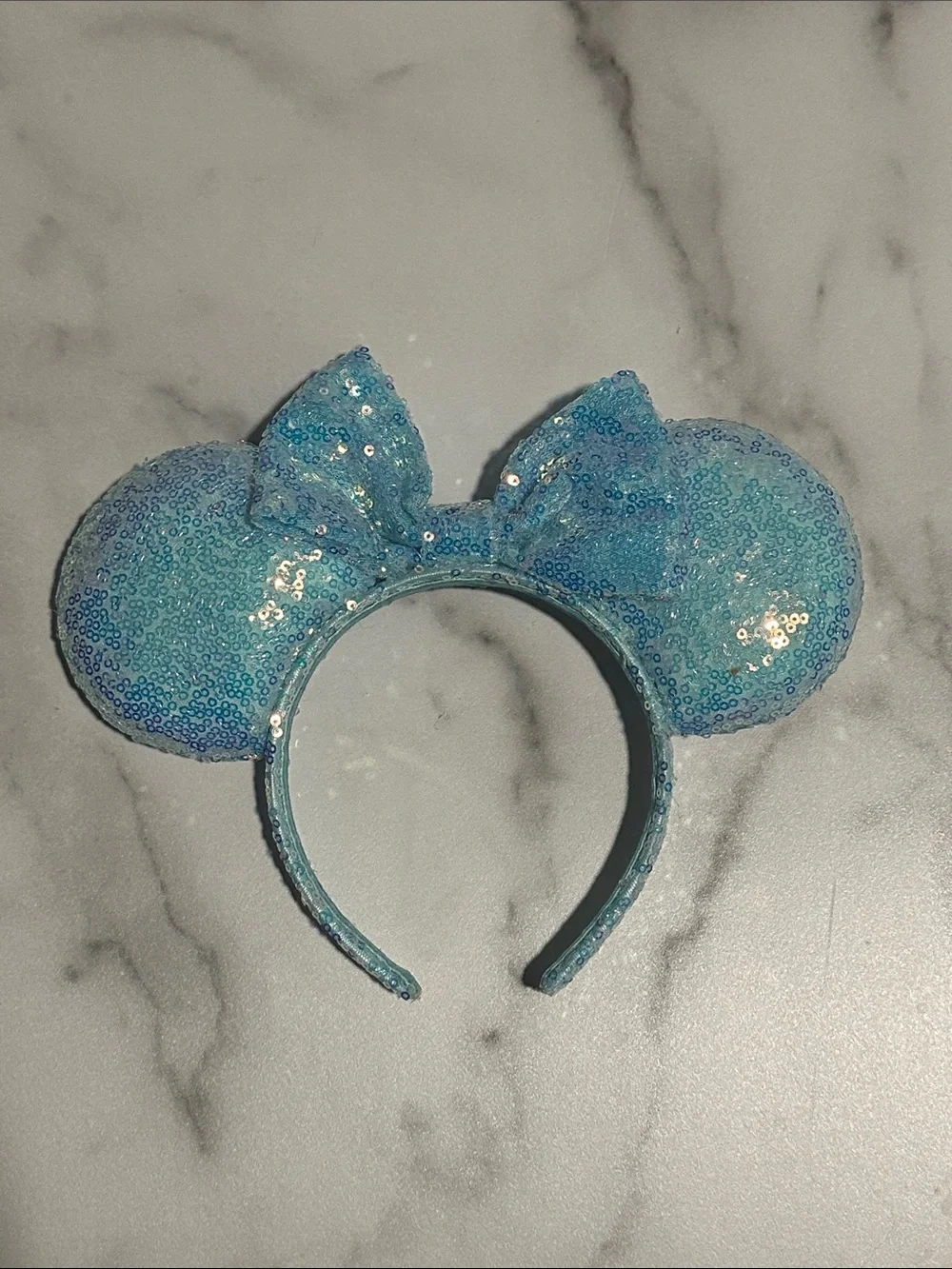 Sparkling Blue Sequin Minnie Ear Headband with Bow